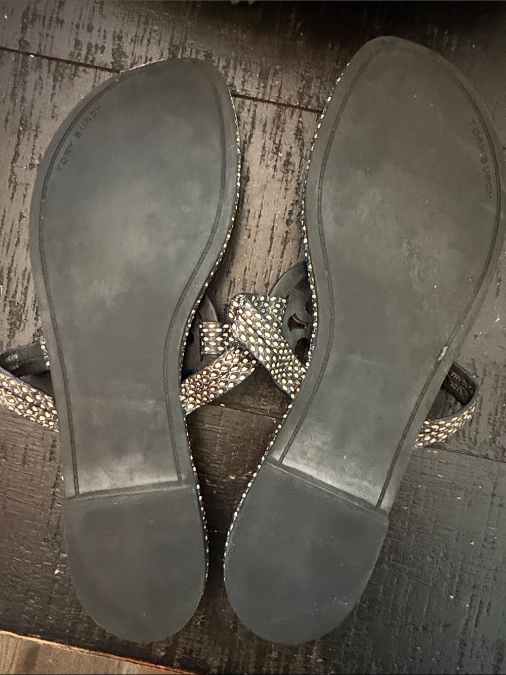 Tory Burch Black Sandals with Gold Logo Medallions - Picture 2 of 9
